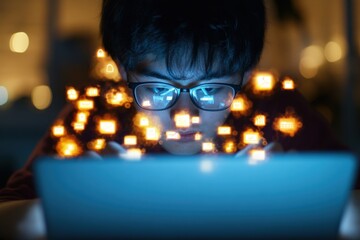 Person Using Laptop with Glowing Icons Overlay