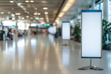 Modern Airport Terminal Interior: Spacious Hallway with Illuminated Advertising Displays and Potted Plants, Inviting Atmosphere for Travelers and Passengers