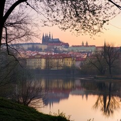 Fototapeta premium Early Prague spring, river castle