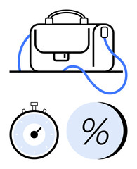 Business bag with a connected mouse stopwatch and percentage symbol. Ideal for work, business efficiency, time management, productivity, corporate strategy, finance, and technology. Line metaphor
