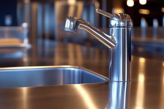 Close-Up of a Modern Stainless Steel Kitchen Faucet Situated on a Polished Countertop with Soft Lighting in a Contemporary Kitchen Environment