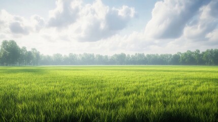 Obraz premium Lush green rice field under cloudy sky