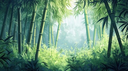 Obraz premium Lush Bamboo Forest with Sunlight Filtering Through Green Leaves in Serene Natural Environment