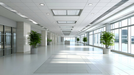 Bright Modern Office Corridor with Sunlight and Plants
