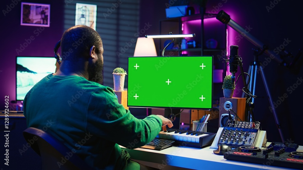 Poster Artist plays midi controller synthesizer next to green screen layout, working on producing new music with his audio musical instruments in home studio. Musician using isolated copy space. Camera B.
