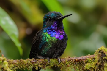 A Close-Up of a Glimmering Male Hummingbird Perched on a Branch in a Lush Green Rainforest Environment, Showcasing Iridescent Feathers and Vibrant Colors