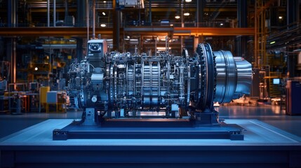 Fototapeta premium High-performance turbine engine in a factory on a deep royal blue background