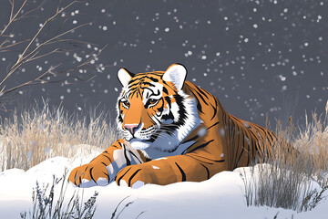 Obraz premium A tiger resting in the snow, surrounded by tall grass and falling snowflakes.