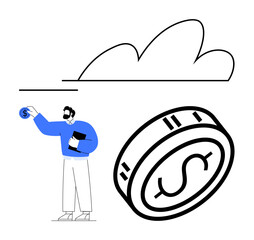 Man holding a dollar coin under a cloud next to a rotating coin. Ideal for online banking, cloud services, financial growth, digital payments, e-commerce, investment, fintech. Line metaphor
