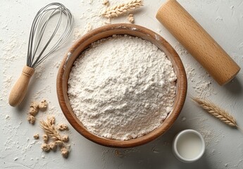 Freshly Sifted Flour in Wooden Bowl Surrounded by Kitchen Tools and Ingredients for Baking and Cooking on Light Textured Surface