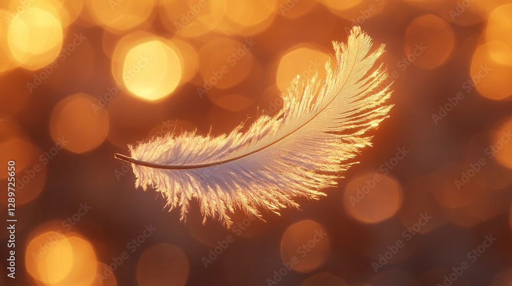 Poster delicate white feather against a warm glowing background with soft bokeh effects capturing serenity 