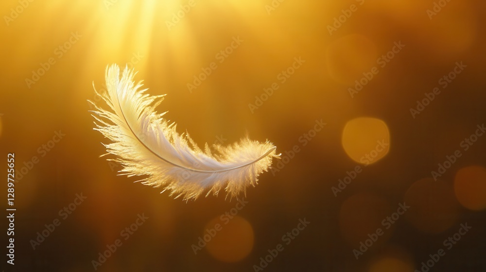 Poster delicate white feather floating through golden sunlight with soft bokeh background and warm glow eff