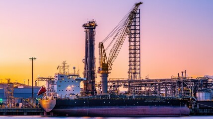 Fototapeta premium Industrial crane towering over a shipyard with a pastel lilac sky