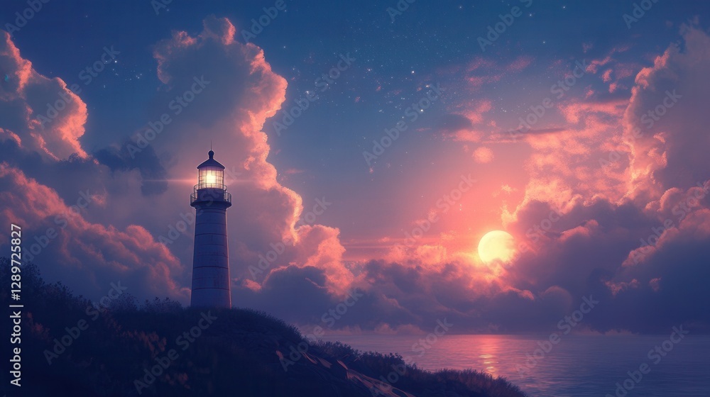 Poster serene lighthouse at dusk under colorful clouds and peaceful ocean waves in soft twilight glow