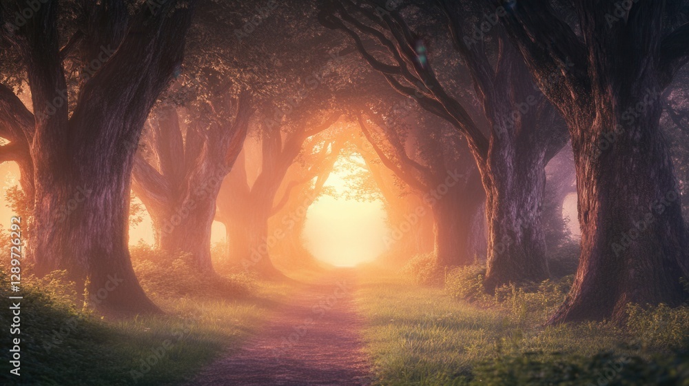 Poster enchanted forest path with majestic trees and soft golden light filtering through foggy atmosphere