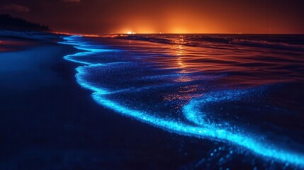 Fototapeta premium Glowing Waves at Night on Serene Beach with Bright Orange Horizon and Soft Ocean Ripples