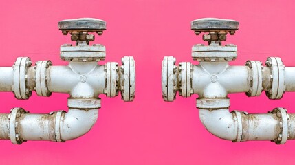 Industrial water distribution pipes arranged symmetrically on a bright fuchsia backdrop