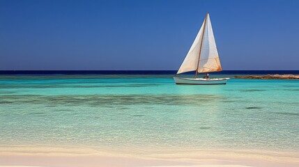 Obraz premium A Tranquil Scene of a Single Sailboat Gliding Across the Crystal-Clear Turquoise Waters of a Serene Tropical Beach Under a Clear Blue Sky