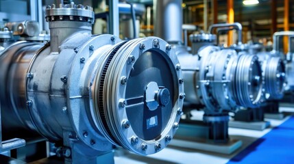 Fototapeta premium Large mechanical couplings in an industrial setting on a sharp blue backdrop