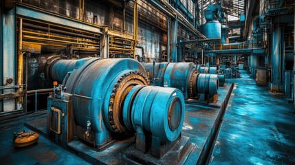 Large mechanical couplings in an industrial setting on a sharp blue backdrop