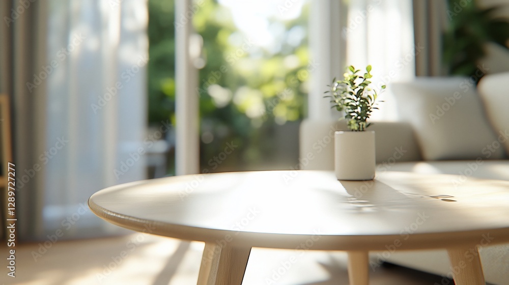 Sticker Sunny living room, plant on table, garden view