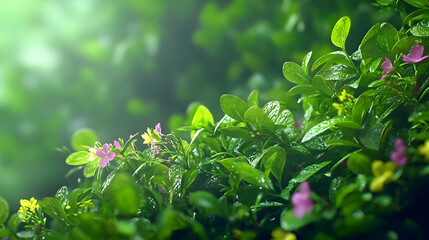Lush Green Plants with Pink and Yellow Flowers in Soft Sunlight