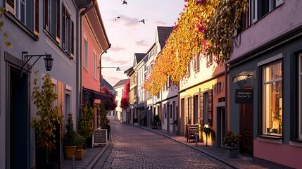 Obraz premium Charming Cobblestone Street at Sunset with Autumn Leaves