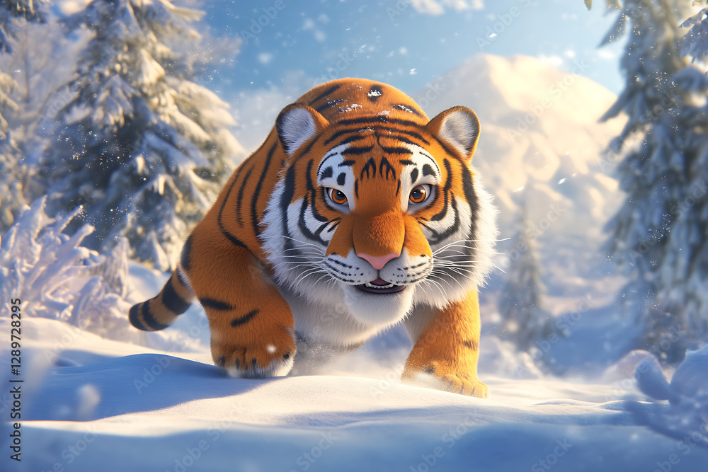 Poster a realistic tiger prowling through a snowy landscape with trees in the background.