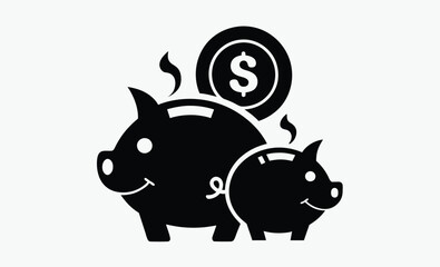 Piggy bank silhouette, dollar coin icon, savings symbol