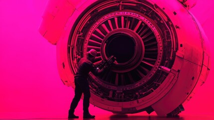 Fototapeta premium Mechanic silhouette fixing a large machine on a bold magenta backdrop