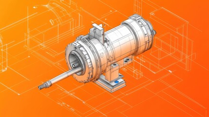 Mechanical engineering drawing of a pump with detailed labels on a bright orange background