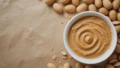 Creamy peanut butter swirl in white bowl on brown paper backdrop with peanuts