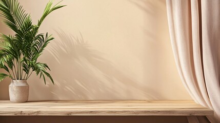 A simple decor showing a plant and a curtain in the room