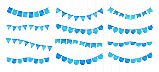 Blue Gradient Decorative Flag Banner Set Collection. Festive Bunting Flag and Ribbon Flags for Birthday Celebrations, Parties, Festivals, and Events Decoration. Colorful Bunting Flags Vector Element.