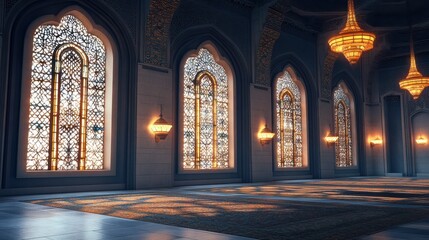 Elegant Architectural Interior with Decorative Windows and Chandeliers