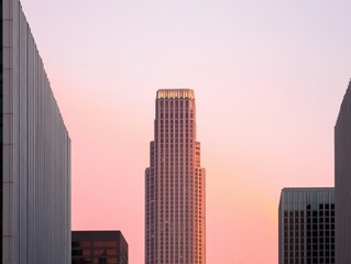 Fototapeta premium Urban skyline at sunset with skyscraper
