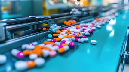 Pharmaceutical production line with pills being sorted on a bright teal background