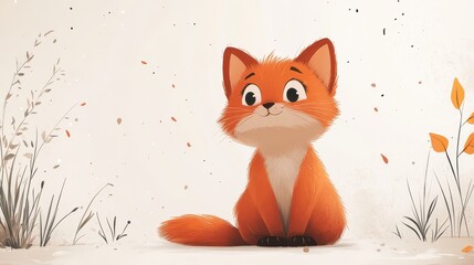 Illustration of an Adorable Cartoon Fox Sitting Amidst Falling Leaves and Sparse Vegetation on a Minimalist Background