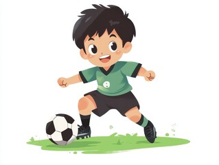 Obraz premium Happy Boy Kicking Soccer Ball Green Jersey Cartoon Illustration
