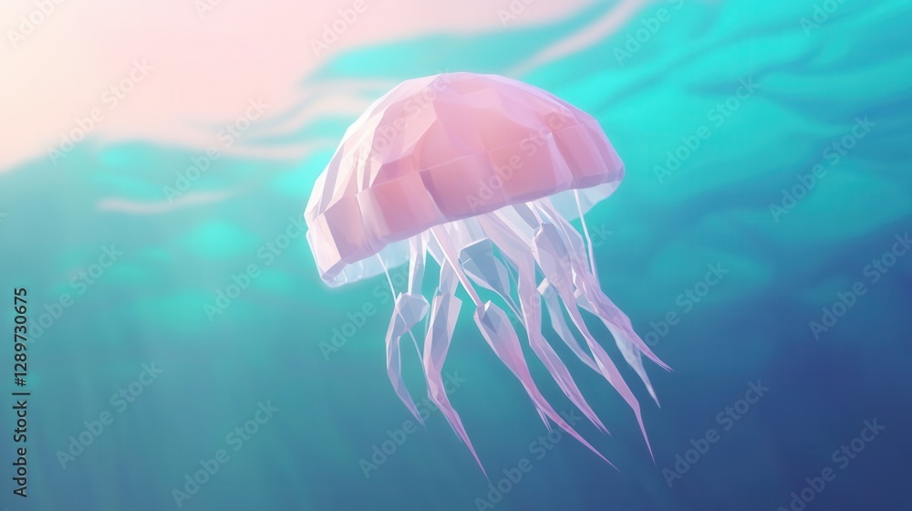 Poster abstract polygonal jellyfish floating gracefully in calm ocean waters with soft colored background