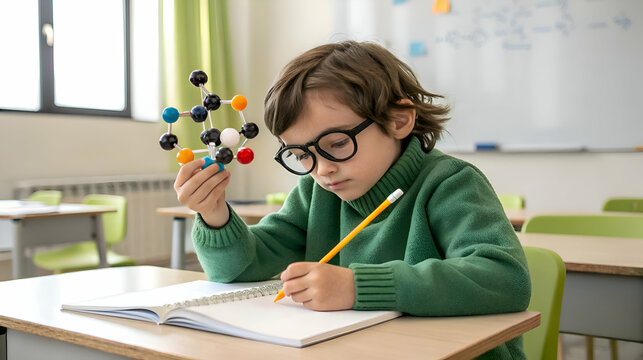 A curious young boy in glasses studying chemistry, holding a molecular model, and writing in a notebook in a science classroom
