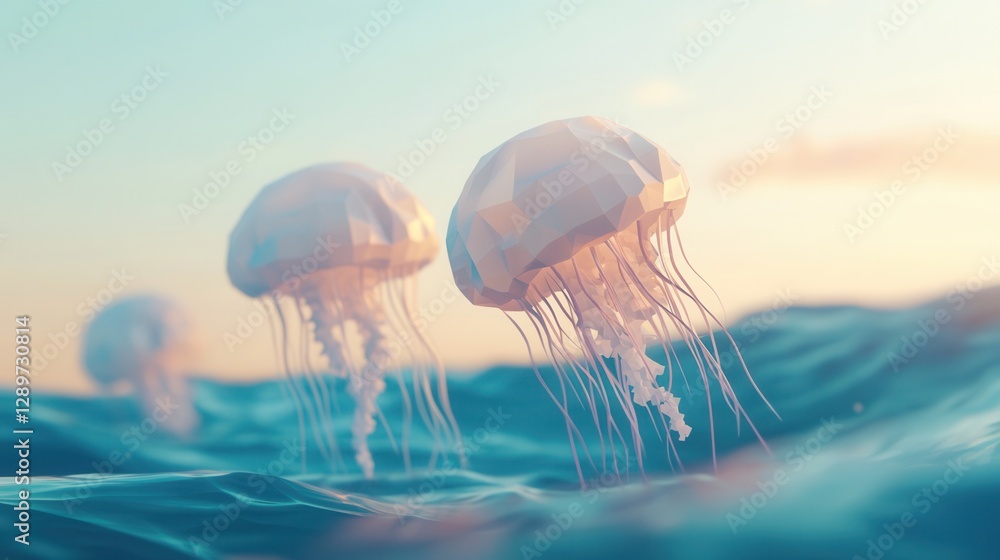Aufkleber ethereal abstract jellyfish gliding in calm ocean waters at dusk with soft light reflection and sere