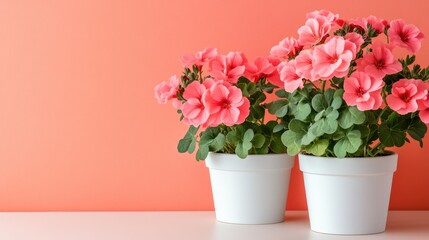 Pink geranium flowers in white pots on a muted peach-colored background