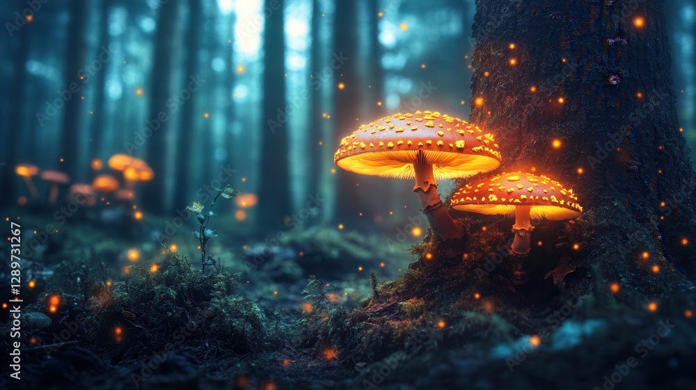 Poster enchanted forest scene with glowing mushrooms surrounded by mist and soft light in a serene nature s