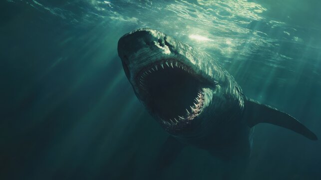Basking shark swimming underwater with open mouth