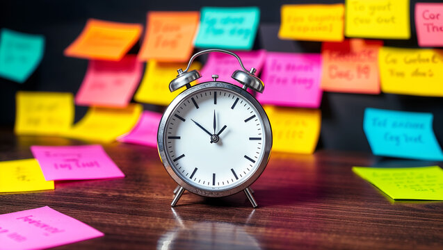 Classic alarm clock on a wooden table with colorful sticky notes in the background. Generative AI