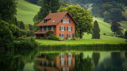 Fototapeta premium Rustic red house reflecting in calm lake.