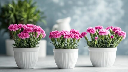 Potted pink carnations in elegant containers with a light blue background