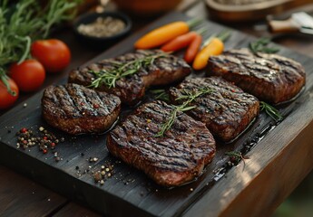 Juicy Grilled Beef Steaks with Fresh Herbs, Vibrant Vegetables and Rustic Wooden Background, Perfect for Food Photography and Culinary Inspiration