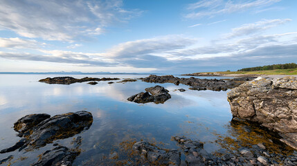 Dark Rocks and Calm Ocean Water Reflecting Blue Sky with White Clouds